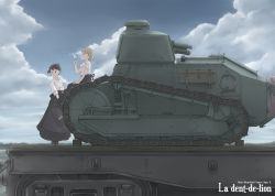 Rule 34 | 2girls, blouse, brown eyes, brown hair, cloud, collared shirt, day, flower, ft-17, highres, koitsu tera auau, light brown hair, long skirt, military, military vehicle, motor vehicle, multiple girls, on vehicle, original, outdoors, own hands clasped, own hands together, ponytail, shirt, short hair, sitting, skirt, sky, standing, tank, white shirt