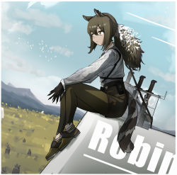 Rule 34 | 1girl, absurdres, animal ears, arknights, bag, black shorts, black skin, blue sky, brown footwear, brown hair, brown leggings, character name, closed mouth, clothing cutout, colored skin, day, dutch angle, explosive, full body, grey shirt, highres, leggings, leggings under shorts, long hair, long sleeves, looking afar, looking away, mine (weapon), mountainous horizon, outdoors, own hands together, pantyhose, ponytail, raccoon ears, raccoon girl, raccoon tail, robin (arknights), shirt, shoes, shorts, shoshu, sidelocks, sitting, sky, solo, tail, tail through clothes, yellow eyes