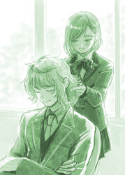 Rule 34 | 1boy, 1girl, absurdres, blazer, blush, bob cut, closed eyes, closed mouth, collared shirt, crossed arms, green theme, habataki academy school uniform, hair behind ear, hair ornament, hairclip, highres, holding another&#039;s hair, indoors, jacket, looking at another, looking down, mikage kojirou, miniskirt, monochrome, necktie, pleated skirt, protagonist (tokimemo gs4), school uniform, shirt, short hair, sidelocks, skirt, smile, standing, tokimeki memorial, tokimeki memorial girl&#039;s side 4th heart, tying another&#039;s hair, tying hair, unizn, vest, window