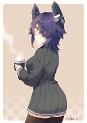 Rule 34 | 1girl, artist name, bad id, bad pixiv id, black thighhighs, blush, breasts, brown eyes, closed mouth, expressionless, eyepatch, grey sweater, hair over one eye, highres, kantai collection, kotobuki (momoko factory), large breasts, long sleeves, looking at viewer, purple hair, short hair, sleeves past wrists, solo, sweater, tenryuu (kancolle), thighhighs, twitter username