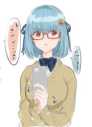 Rule 34 | 1girl, aqua hair, blue bow, blue bowtie, bow, bowtie, breasts, burger, cellphone, flower, glasses, hair bow, hair flower, hair ornament, highres, image sample, japanese text, looking at viewer, medium breasts, nekoi mie, original, phone, short hair, smartphone, solo, twitter sample, upper body, white background