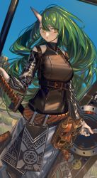Rule 34 | 1girl, arknights, blue sky, breasts, cowboy shot, day, grass, green hair, highres, holding, horns, hoshiguma (arknights), hoshiguma (ronin huntress) (arknights), jewelry, lanzi (415460661), large breasts, long hair, mask, necklace, official alternate costume, rock, single horn, skin-covered horns, sky, solo, very long hair, yellow eyes