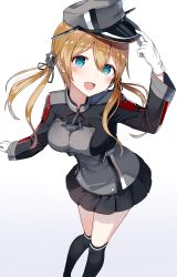 Rule 34 | 10s, 1girl, absurdres, adjusting clothes, adjusting headwear, anchor hair ornament, aqua eyes, blonde hair, blush, breasts, cross, gloves, gradient background, hair ornament, hat, highres, iron cross, kantai collection, large breasts, low twintails, microskirt, military, military uniform, open mouth, peaked cap, prinz eugen (kancolle), revision, shikuro (iorimiyakiyo), skirt, smile, solo, twintails, uniform, white gloves