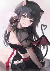 Rule 34 | 1girl, :p, absurdres, animal ears, black gloves, black hair, black skirt, blush, cat ears, cat tail, commentary request, crop top, fingerless gloves, fingernails, fur-trimmed gloves, fur trim, gloves, heart, highres, idolmaster, idolmaster shiny colors, kemonomimi mode, looking at viewer, mayuzumi fuyuko, nail polish, partial commentary, powder is kona, see-through, signature, sitting, skirt, smile, solo, tail, tongue, tongue out