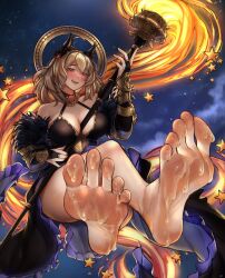 Rule 34 | 1girl, absurdres, barefoot, between breasts, blush, breasts, bridal gauntlets, brown hair, cleavage, crossed ankles, cum on body, cum on feet, feet, foot focus, granblue fantasy, hekate (granblue fantasy), highres, holding, holding staff, large breasts, licking lips, long hair, looking at viewer, night, night sky, nikishiko, open mouth, orange eyes, parted lips, sky, smile, soles, solo, staff, star (sky), star (symbol), toenails, toes, tongue, tongue out