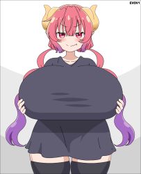 Rule 34 | 1girl, animated, animated gif, black shirt, black thighhighs, blush, bouncing breasts, breast hold, breasts, closed mouth, cowboy shot, evov1, fang, ginny (ishuzoku reviewers), grey background, guinea, highres, horns, huge breasts, ilulu (maidragon), ishuzoku reviewers, kobayashi-san chi no maidragon, long hair, looking at viewer, monster girl, multicolored hair, oversized clothes, pink hair, pointy ears, purple hair, shirt, smile, solo, standing, thighhighs, twintails, two-tone hair, white background