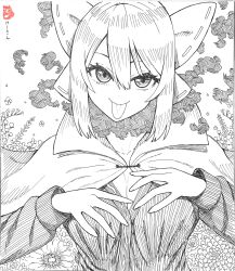 Rule 34 | 1girl, absurdres, bow, breasts, cleavage, cloak, commentary request, flower, greyscale, hair between eyes, hair bow, highres, ke-su, long sleeves, looking at viewer, medium breasts, monochrome, sekibanki, short hair, simple background, solo, tongue, tongue out, touhou, upper body