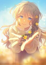 Rule 34 | 1girl, aran sweater, bang dream!, blue eyes, blue sky, blush, brown hair, brown skirt, brown sweater, cable knit, closed mouth, commentary, day, flower, hair flower, hair ornament, highres, long hair, looking at viewer, outdoors, qing 00129, reaching, reaching towards viewer, skirt, sky, smile, solo, sweater, yamabuki saya, yellow flower