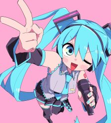 Rule 34 | 1girl, aqua eyes, aqua hair, aqua necktie, blush, boots, detached sleeves, from above, grey shirt, hatsune miku, highres, holding, holding microphone, long hair, microphone, miniskirt, necktie, one eye closed, open mouth, pink background, shirt, simple background, skirt, sleeveless, sleeveless shirt, solo, thigh boots, thighhighs, twintails, v, very long hair, vocaloid, yachima tana, zettai ryouiki