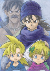 Rule 34 | 1girl, 3boys, :3, absurdres, asymmetrical sleeves, black eyes, black hair, blonde hair, blue cloak, blue eyes, blunt bangs, bow, chabezou, child, cloak, closed mouth, collarbone, commentary request, dragon quest, dragon quest v, earrings, facial hair, father and daughter, father and son, green bow, hair bow, hand on another&#039;s head, hand on another&#039;s shoulder, hero&#039;s daughter (dq5), hero&#039;s son (dq5), hero (dq5), highres, jewelry, long hair, looking at viewer, low ponytail, multiple boys, mustache, necklace, papas, pink cloak, purple cloak, purple headwear, serious, short hair, siblings, smile, spiked hair, stud earrings, sword, tooth necklace, turban, twins, weapon, weapon on back