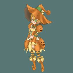 Rule 34 | 1girl, artist request, blonde hair, capcom, flower, green eyes, hat, midriff, monster hunter, monster hunter (series), monster hunter portable 3rd, mosgharl (armor), navel, pumpkin, short hair, simple background, solo, tagme, witch, witch hat
