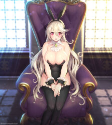 Rule 34 | 1girl, alternate breast size, alternate costume, animal ears, armchair, bare shoulders, bent over, black leotard, black thighhighs, blonde hair, bow, bowtie, breasts, brooch, chair, cleavage, corrin (female) (fire emblem), corrin (fire emblem), detached collar, drill hair, fake animal ears, fake tail, fire emblem, fire emblem fates, hair over one eye, high heels, highres, jewelry, kashiwamochi yomogi, large breasts, leotard, long hair, looking at viewer, nintendo, pantyhose, playboy bunny, pointy ears, rabbit ears, rabbit tail, sitting, smile, solo, strapless, strapless leotard, tail, thighhighs, throne, tiara, twin drills, twintails, white hair, wrist cuffs