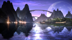 Rule 34 | bridge, fantasy, full moon, highres, lake, landscape, light particles, moon, mountain, night, no humans, original, reflection, scenery, smile (qd4nsvik), water