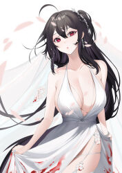 Rule 34 | 1girl, :o, absurdres, ahoge, azur lane, bare arms, bare shoulders, black hair, breasts, bridal veil, center opening, cleavage, collarbone, cowboy shot, dress, earrings, falling petals, hair between eyes, hair ornament, halter dress, halterneck, highres, jewelry, large breasts, official alternate costume, one side up, parted lips, petals, plunging neckline, red eyes, side slit, sidelocks, simple background, skirt hold, sleeveless, sleeveless dress, taihou (azur lane), taihou (temptation on the sea breeze) (azur lane), thighs, veil, wedding dress, white background, white dress, willow (user xagu3384)