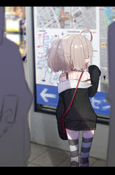Rule 34 | 1girl, absurdres, ahoge, bag, black jacket, from behind, grey hair, highres, jacket, long sleeves, makaino ririmu, makaino ririmu (2nd costume), map, nijisanji, off-shoulder jacket, off shoulder, pointy ears, shoulder bag, sleeves past fingers, sleeves past wrists, solo focus, spaghetti strap, strap slip, striped clothes, striped thighhighs, thighhighs, twintails, utsusumi kio, virtual youtuber