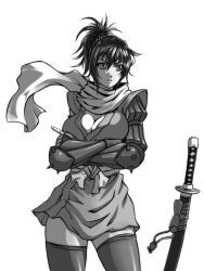 Rule 34 | 1girl, breasts, cleavage, crossed arms, drawfag, elbow pads, fingerless gloves, gloves, greyscale, highres, japanese clothes, kimono, large breasts, manyuu chifusa, manyuu hikenchou, monochrome, ninja, ponytail, scabbard, scarf, sheath, sheathed, solo, sword, thighhighs, vambraces, weapon, yukata