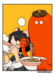 Rule 34 | 1girl, akai sashimi, animal ears, arm up, arms up, black hair, blush stickers, border, bowl, cat ears, chopsticks, closed eyes, commentary, covered mouth, drinking, eating, egg, egg (food), expressionless, facing viewer, fingernails, food, from side, hand up, hardboiled egg, high collar, highres, holding, holding bowl, holding chopsticks, horns, long sleeves, looking at viewer, mandarin collar, meandros, meat, monster, no nose, noodles, oni, original, parted bangs, ramen, salt shaker, short hair, signature, simple background, single horn, sleeve cuffs, soup, steam, white border, yellow background