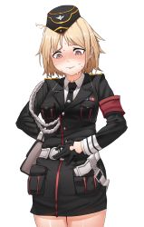 Rule 34 | 1girl, armband, belt, blonde hair, blush, brown eyes, collared shirt, commentary request, girls&#039; frontline, hat, highres, korean commentary, long sleeves, military, mp40 (girls&#039; frontline), necktie, nervous sweating, sd bigpie, shirt, simple background, skirt, sweat, uniform, weight conscious, white background