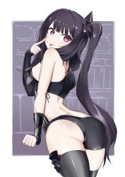 Rule 34 | 1girl, :p, absurdres, architect (girls&#039; frontline), arm warmers, ass, asymmetrical clothes, bare shoulders, black hair, black thighhighs, blush, breasts, clenched hand, cowboy shot, finger to cheek, girls&#039; frontline, hair ornament, head tilt, highres, long hair, looking at viewer, looking back, medium breasts, nail polish, nemoga, pale skin, pink eyes, pink nails, purple eyes, sangvis ferri, shiny skin, side-tie costume, side ponytail, sidelocks, skindentation, smile, solo, thighhighs, thighs, tongue, tongue out, twisted torso, very long hair
