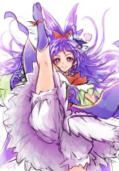 Rule 34 | 1girl, bloomers, bow, chocokin, cure magical, gloves, hair bow, izayoi liko, kicking, long hair, looking at viewer, magical girl, mahou girls precure!, precure, purple eyes, purple hair, red bow, riko (mahou girls precure!), smile, solo, underwear, upskirt, white background