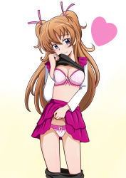 Rule 34 | 1girl, bakusai, black pantyhose, blue eyes, bra, breasts, brown hair, cleavage, closed mouth, clothes lift, clothes pull, frilled bra, frilled panties, frills, hair between eyes, hair ribbon, head tilt, heart, houjou hibiki, layered skirt, lifting own clothes, long hair, long sleeves, looking at viewer, medium breasts, miniskirt, panties, pantyhose, pantyhose pull, pink bra, pink panties, pink ribbon, pleated skirt, polka dot, polka dot bra, polka dot panties, precure, purple skirt, ribbon, shirt lift, simple background, skirt, skirt lift, smile, solo, standing, suite precure, twintails, underwear, very long hair, white background, white sleeves