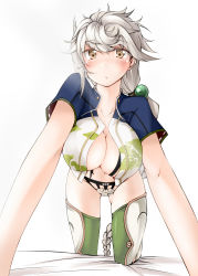 Rule 34 | 10s, 1girl, all fours, blush, braid, breasts, brown eyes, cleavage, grey hair, highres, huge breasts, kaminagi (kaminagi-tei), kantai collection, leaning forward, long hair, looking at viewer, open clothes, open shirt, panties, shirt, single braid, solo, thighhighs, torn clothes, underwear, unryuu (kancolle), very long hair, white background