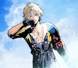 Rule 34 | 1boy, armor, asymmetrical arms, black gloves, black overalls, blonde hair, blue eyes, blue sky, chain necklace, cloud, cloudy sky, cofffee, final fantasy, final fantasy x, gloves, grin, hood, hood down, hooded jacket, jacket, jewelry, looking at viewer, male focus, necklace, overalls, parted bangs, parted lips, pectorals, short hair, shoulder armor, sky, smile, solo, tidus, toned, toned male, upper body, wiping face, yellow jacket