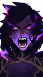Rule 34 | 1girl, angry, blood, colored sclera, fangs, highres, league of legends, long hair, medium hair, morgana (league of legends), nosebleed, open mouth, pink eyes, portrait, purple hair, purple sclera, simple background, skxtching (veegoesgrr), solo, tears, teeth, tongue, white background