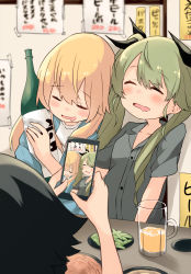 Rule 34 | 3girls, alcohol, anchovy (girls und panzer), barashiya, beer, beer mug, black hair, black ribbon, blonde hair, blue shirt, blurry, blurry background, blush, bottle, carpaccio (girls und panzer), casual, cellphone, closed eyes, collared shirt, commentary, cup, depth of field, drill hair, drunk, girls und panzer, green hair, grey shirt, hair ribbon, highres, holding, holding bottle, holding phone, indoors, long hair, mug, multiple girls, open mouth, pepperoni (girls und panzer), phone, restaurant, ribbon, saliva, shirt, short hair, short sleeves, side-by-side, sitting, sleeping, smartphone, smile, table, taking picture, twin drills, twintails, wine bottle