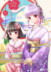 Rule 34 | 2girls, alternate hairstyle, animal ears, black hair, blush, bow, chinese zodiac, closed mouth, commentary request, cowboy shot, dated, floppy ears, floral print, flower, hair bow, hair bun, hair flower, hair ornament, highres, inaba tewi, japanese clothes, kadomatsu, kimono, kyabekko, looking at viewer, multiple girls, obi, own hands together, pink flower, pink kimono, print kimono, print sash, purple hair, purple kimono, rabbit ears, rabbit girl, red bow, red eyes, reisen udongein inaba, sash, short hair, smile, touhou, wavy hair, white flower, year of the rabbit, yellow sash