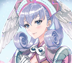 Rule 34 | 1girl, blue eyes, cezaria, closed mouth, commentary request, curly hair, gloves, hat, head wings, highres, melia antiqua, nintendo, portrait, silver hair, smile, solo, twitter username, white gloves, wings, xenoblade chronicles (series), xenoblade chronicles 1