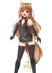 Rule 34 | 1girl, animal ear fluff, animal ears, black dress, black thighhighs, bracelet, brown hair, china dress, chinese clothes, dress, elbow gloves, fangs, floral print, gloves, holo, jewelry, kirishima itsuki, long hair, looking at viewer, open mouth, red eyes, simple background, solo, spice and wolf, standing, tail, thighhighs, wolf ears, wolf tail