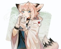 Rule 34 | 1girl, ahoge, animal ears, arknights, artist name, black bracelet, black collar, blue eyes, blue vest, blush, closed mouth, coat, coffee mug, collar, commentary, cross, cup, english commentary, fox ears, fox girl, fox tail, gloves, highres, hood, hood down, hooded coat, infection monitor (arknights), leorlontyan, long sleeves, mug, pink hair, red cross, short hair, solo, sussurro (arknights), tail, upper body, vest, white coat, white gloves, wide sleeves