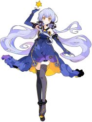 Rule 34 | 1girl, anklet, arm up, bare shoulders, black ribbon, black thighhighs, blue dress, blue gloves, dress, elbow gloves, fingerless gloves, full body, gloves, gold trim, hair ribbon, hair tubes, highres, ideolo, jewelry, looking at viewer, no nose, official art, purple hair, quad tails, ribbon, sidelocks, smile, solo, star (symbol), star print, stellated octahedron, thighhighs, third-party source, transparent background, vocaloid, xingchen, yellow eyes, zettai ryouiki
