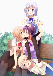 Rule 34 | 4girls, aoyama blue mountain, arm between breasts, bench, between breasts, black legwear, black skirt, blonde hair, blue bow, blue bowtie, blue eyes, blue hair, bow, bowtie, breasts, bush, buttons, carrying, chestnut mouth, collarbone, collared shirt, commentary request, eye contact, foot on another&#039;s face, french kiss, gochuumon wa usagi desu ka?, hair between eyes, hair ornament, hairclip, hand on another&#039;s head, hand on another&#039;s knee, hand rest, holding another&#039;s wrist, hoto cocoa, jitome, kafuu chino, kiss, lap pillow, large breasts, leaning forward, light blue hair, long hair, looking at another, looking at viewer, lying, medium breasts, multiple girls, no shoes, one eye closed, open mouth, orange hair, pantyhose, pink vest, piripun, puffy short sleeves, puffy sleeves, purple bow, purple bowtie, purple eyes, purple hair, purple skirt, purple vest, rabbit house uniform, red bow, red bowtie, shirt, short hair, short sleeves, shoulder carry, sidelocks, sitting, skirt, tedeza rize, triangle mouth, twintails, uniform, vest, white shirt, x hair ornament, yuri