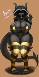 Rule 34 | 1girl, 2023, absurdres, artist name, bikini, black hair, black horns, black skin, borrowed character, breasts, bright pupils, brown background, character name, colored skin, curvy, deep skin, dot nose, english text, female focus, full body, gipehtyboo, gold bikini, highres, horns, huge breasts, looking at viewer, monster girl, open mouth, original, outline, pointy ears, shadow, skindentation, smile, solo, standing, striped clothes, striped thighhighs, swimsuit, tail, thighhighs, white outline, white pupils, wide hips, yellow eyes