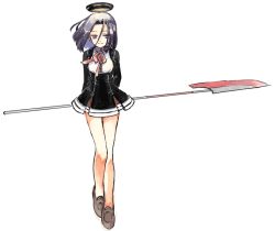 Rule 34 | 10s, 1girl, amamori kohan, arms behind back, black dress, dress, full body, hair intakes, halo, holding, holding weapon, jitome, kantai collection, loafers, long sleeves, looking at viewer, mechanical halo, naginata, polearm, purple eyes, purple hair, red ribbon, ribbon, shoes, short dress, short hair, simple background, smile, solo, tatsuta (kancolle), weapon, white background