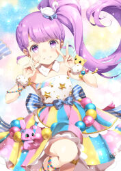 Rule 34 | 1girl, :d, bare shoulders, bird hair ornament, blunt bangs, blush, commentary request, detached collar, double v, dress, hair ornament, hands up, idol clothes, long hair, looking at viewer, manaka non, open mouth, pretty series, pripara, purple eyes, purple hair, side ponytail, smile, solo, standing, standing on one leg, star (symbol), star print, strapless, strapless dress, unya (unya-unya), v, wrist cuffs