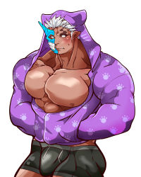 Rule 34 | 1boy, abs, absurdres, alternate costume, bara, bare pectorals, black male underwear, blush, boxers, bulge, bursting pectorals, dark-skinned male, dark skin, half mask, highres, hood, hood up, hoodie, horned mask, horns, jacket, kizami nori to yamaimo, large pectorals, looking at viewer, male focus, male underwear, mask, monster boy, muscular, muscular male, nipples, no pupils, oni mask, partially unbuttoned, pectorals, purple hoodie, purple jacket, short hair, shuten douji (housamo), sideburns, single horn, solo, tokyo houkago summoners, underwear, white hair