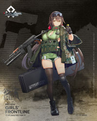 Rule 34 | 1girl, 35x115mm grenade, ammunition, ammunition belt, ammunition pouch, anti-materiel cartridge, artist request, assault rifle, asymmetrical legwear, black footwear, black gloves, black thighhighs, boots, breasts, brown eyes, brown hair, camouflage, camouflage jacket, cannon cartridge, character name, cleavage, closed mouth, copyright name, explosive, eyewear on head, full body, girls&#039; frontline, gloves, green shirt, green shorts, grenade, grenade cartridge, grenade launcher, gun, high-explosive cartridge, highres, holding, holding ammunition, holding grenade, holding gun, holding weapon, jacket, kalashnikov rifle, knee pads, large-caliber cartridge, large breasts, less-than-lethal projectile, less-than-lethal weapon, long hair, looking at viewer, mod3 (girls&#039; frontline), official art, open clothes, open jacket, pouch, promotional art, qlg-91, rifle, safety glasses, serious, shirt, shorts, simple background, solo, standing, thighhighs, type 56-1 (girls&#039; frontline), type 56-1 (mod3) (girls&#039; frontline), type 56 assault rifle, type 91 grenade launcher, underbarrel grenade launcher, walkie-talkie, weapon, weapon case, wide sleeves