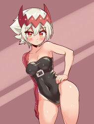 Rule 34 | 1girl, alternate costume, belt buckle, black leotard, blush, breasts, buckle, chest belt, collarbone, colored skin, commentary request, cougar (cougar1404), covered navel, cowboy shot, dragon: marked for death, empress (dmfd), hand on own hip, highleg, leotard, medium breasts, multicolored skin, red eyes, red skin, scar, scar on face, short hair, solo, strapless, strapless leotard, tiara, two-tone skin, underbust, white hair