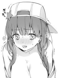 Rule 34 | 1girl, asymmetrical hair, bare shoulders, baseball cap, bb (fate), bb (fate) (all), bb (fate/extra), bb (swimsuit mooncancer) (fate), bb (swimsuit mooncancer) (first ascension) (fate), blush, braid, breasts, cleavage, collarbone, dazed, fate/grand order, fate (series), greyscale, hat, hat ornament, jacket, large breasts, leaning forward, long hair, long sleeves, looking at viewer, monochrome, single braid, solo, star (symbol), star hat ornament, sweat, very long hair, vivi (eve no hakoniwa), wavy mouth