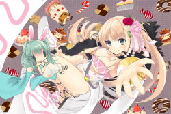 Rule 34 | 2girls, :3, alternate color, animal ears, argyle, argyle clothes, argyle dress, bangle, bikini, black footwear, blonde hair, blue sleeves, bracelet, breasts, cake, cake slice, candy, candy cane, cello, checkerboard cookie, chibi, closed mouth, commentary request, cookie, detached sleeves, dress, flower, food, full body, fur collar, gingerbread man, green eyes, green hair, grey eyes, gypsy (ragnarok online), hair between eyes, hair flower, hair ornament, instrument, jewelry, kaede (sayappa), large breasts, long hair, multiple girls, mushroom, o-ring, o-ring top, pancake, pants, pink flower, poring, rabbit ears, ragnarok online, reaching, reaching towards viewer, red flower, sandals, see-through, see-through dress, slime (creature), smile, solid oval eyes, sorcerer (ragnarok online), spore (ragnarok online), strapless, strapless bikini, swimsuit, white dress, white pants, wrapped candy