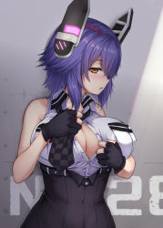 Rule 34 | 1girl, :o, against wall, bare arms, bare shoulders, black gloves, black necktie, blush, breast pocket, breasts, brown eyes, checkered clothes, checkered necktie, checkered neckwear, cleavage, covered navel, gloves, hair over one eye, headgear, highres, kantai collection, large breasts, looking at viewer, necktie, no bra, nose blush, oonaka ito, open mouth, partially fingerless gloves, partially unbuttoned, pocket, profile, purple hair, shirt, short hair, sleeveless, sleeveless shirt, solo, tenryuu (kancolle), tenryuu kai ni (kancolle), underbust, undressing, upper body, white shirt