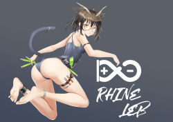 Rule 34 | 1girl, absurdres, ankle strap, antenna hair, arknights, arm strap, ass, bare arms, bare legs, bare shoulders, barefoot, black hair, brown eyes, chinese commentary, commentary request, feather hair, feet, full body, glasses, grey background, grey one-piece swimsuit, hair between eyes, highres, holding, holster, looking at viewer, one-piece swimsuit, parted lips, pointy hair, short hair, silence (arknights), simple background, soles, solo, swimsuit, tail, thigh holster, thighs, xo (xo17800108)