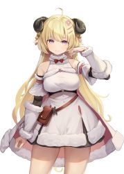 Rule 34 | 1girl, absurdres, ahoge, bare shoulders, blonde hair, bow, breasts, copyright name, cowboy shot, dampi, detached sleeves, facing viewer, hair ornament, hairclip, high collar, highres, hololive, horns, large breasts, long hair, looking at viewer, purple eyes, red bow, smile, solo, tsunomaki watame, tsunomaki watame (1st costume), very long hair, virtual youtuber, white background