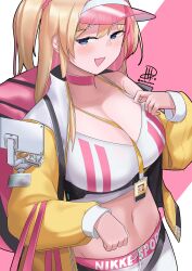 Rule 34 | 1girl, absurdres, bag, between breasts, blonde hair, blue eyes, blush, breasts, cleavage, clothes writing, goddess of victory: nikke, highres, id card, jacket, large breasts, liveryn (nikke), long hair, mrdraeman, multicolored clothes, multicolored hair, multicolored jacket, navel, open mouth, pants, pink hair, pink pants, side ponytail, solo, sports bra, streaked hair, two-tone jacket, visor cap, white jacket, white pants, yellow jacket
