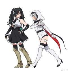 Rule 34 | 2girls, :o, armored boots, bandaid, bandaid on leg, bare shoulders, black hair, black skirt, black thighhighs, blush, boots, cape, dunant pilse, elbow gloves, eye contact, eye mask, frilled skirt, frills, gloves, grey background, grey footwear, grey leotard, grey mask, high heel boots, high heels, highres, hood, hood up, hooded leotard, leotard, long hair, looking at another, multiple girls, shirt, short hair, shy (character), shy (series), simple background, skirt, takatisakana, thigh boots, thighhighs, twintails, white hair, white shirt