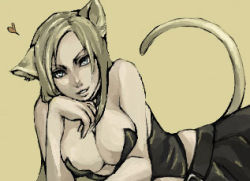Rule 34 | 00s, 1girl, animal ears, blonde hair, blue eyes, breasts, capcom, cat ears, cat tail, cleavage, devil may cry (series), large breasts, long hair, lowres, lying, tail, taro (artist), trish (devil may cry)
