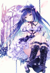 Rule 34 | 1girl, absurdres, animal ears, aqua hair, bare shoulders, belt, black belt, black collar, blue hair, blush, boots, breasts, cat ears, cat girl, chain, collar, convenient censoring, crop top, dress, frilled dress, frills, gothic lolita, hairband, high heel boots, high heels, highres, hirano katsuyuki, lolita fashion, lolita hairband, long hair, looking at viewer, multicolored hair, original, purple eyes, simple background, small breasts, solo, two-tone hair, white background